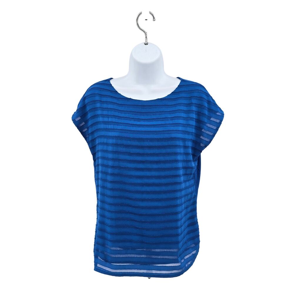 Vince Camuto Royal Blue Short Sleeve Striped Blouse Womens XS Sheer Round Neck